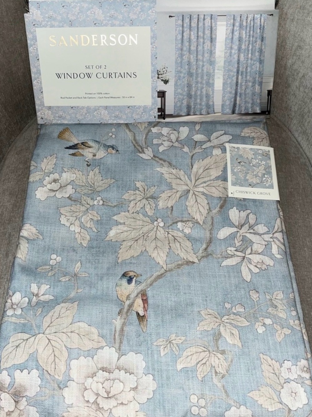 NWT Sanderson Chiswick Grove Floral Bird design Drapes 2 Panels Size 50" x 84”
